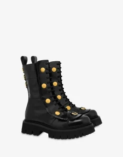Moschino Boots & Ankle Boots^Calfskin Combat Boots Snap Buttons BLACK