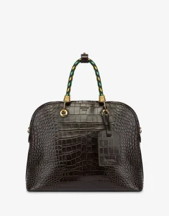 Moschino Handbags^Croc Print Braided Cord Handbag DARK BROWN