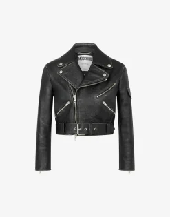 Moschino Coats & Outerwear|Co-ords^Cropped biker jacket in heavy nappa leather BLACK