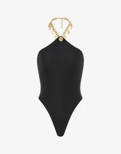 Moschino Swimwear^Lettering Charm One-piece Swimsuit BLACK
