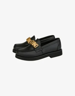 Moschino Girls Shoes|Girl^Lettering Logo calfskin loafers BLACK