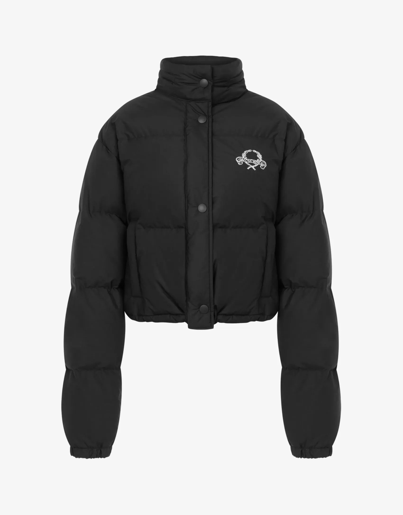 Moschino Coats & Outerwear^Lightweight Nylon Down Jacket Laurel Crown Logo BLACK
