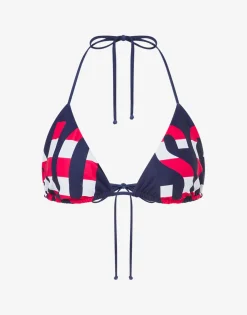 Moschino Swimwear^Striped Lettering Logo Triangle Bikini Top DARK BLUE