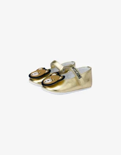 Moschino Girls Shoes|Girl^Teddy Bear laminated Mary Jane ballet flats GOLD